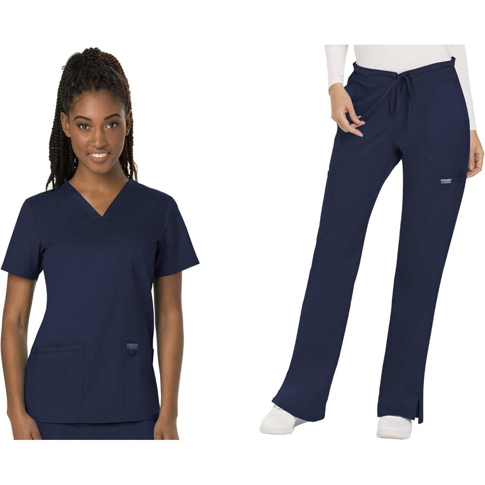 imageCherokee Scrub Set for Women VNeck Top amp Drawstring Flare Leg Pant Soft 2Way Stretch Easy Care Medical Uniform CK00041CNavy