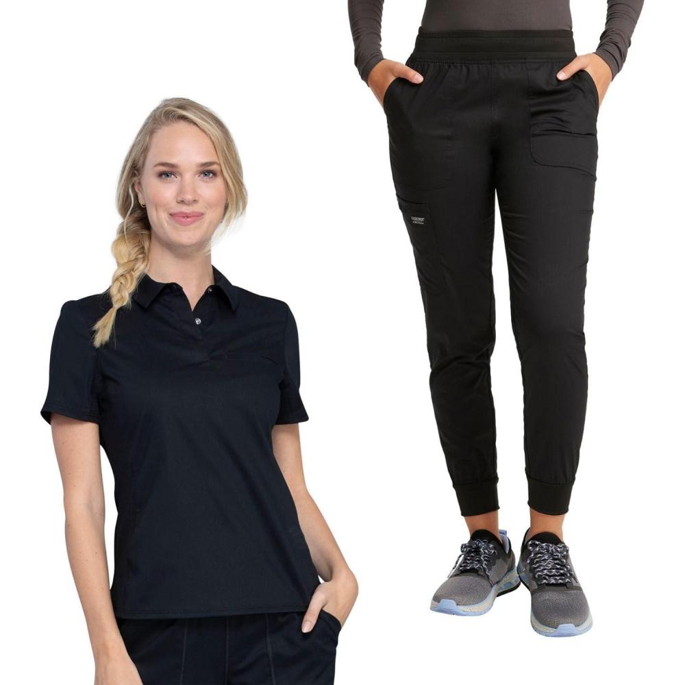 imageCherokee Women Scrub Set Tuckable Snap Front Polo Shirt WW698 With Modern Classic fit Mid Rise Waist Scrub Jogger Pant WW115Black