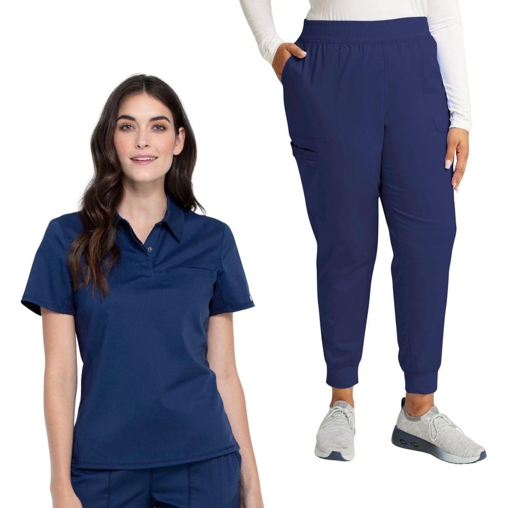 imageCherokee Women Scrub Set Tuckable Snap Front Polo Shirt WW698 With Modern Classic fit Mid Rise Waist Scrub Jogger Pant WW115Navy
