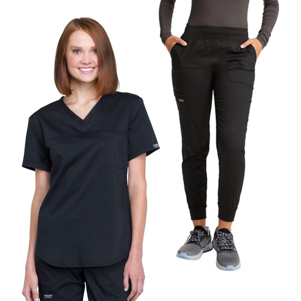 imageCherokee Womens Scrub Set Tuckable VNeck Top WW657 Mid Rise Jogger Pants WW115Black