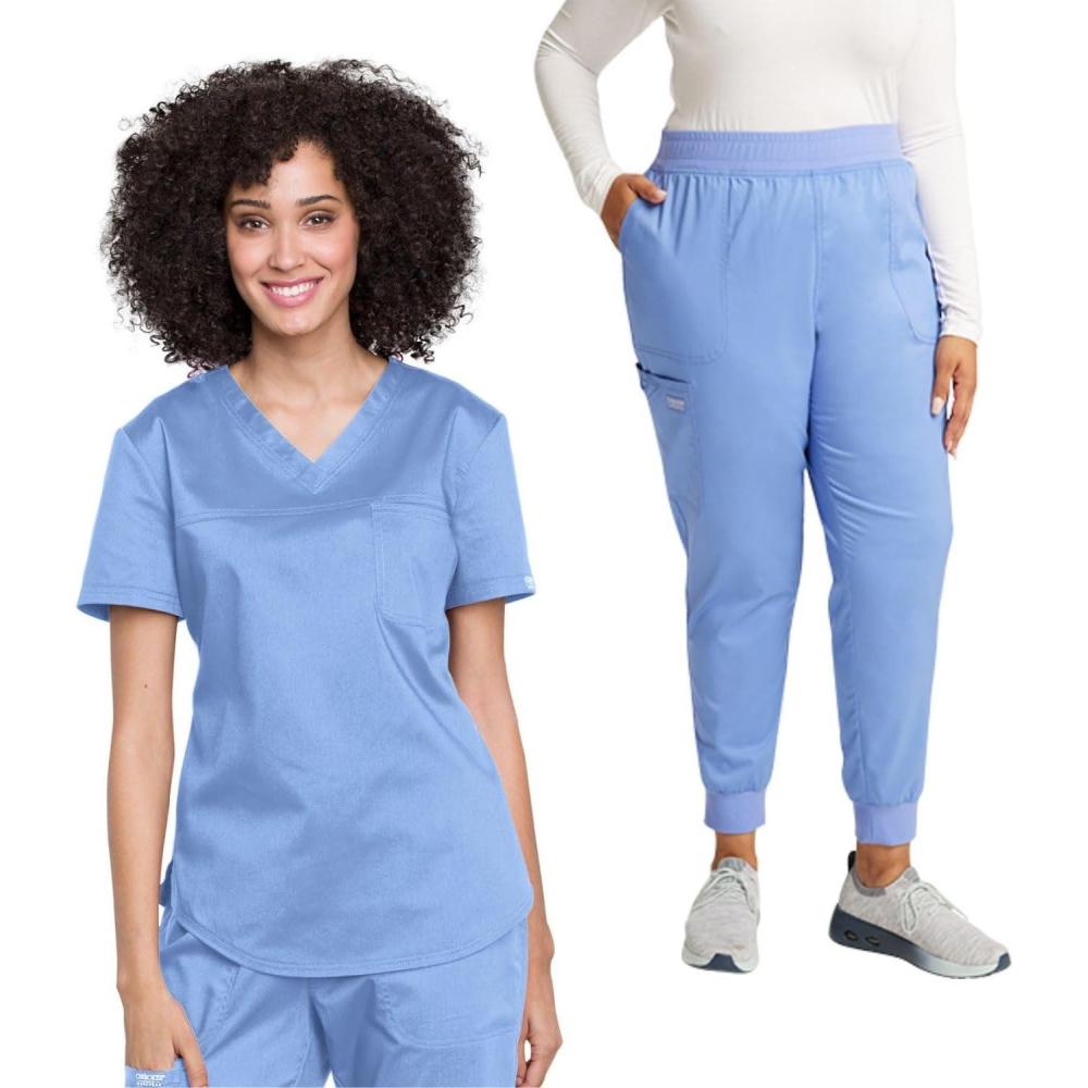 imageCherokee Womens Scrub Set Tuckable VNeck Top WW657 Mid Rise Jogger Pants WW115Ciel