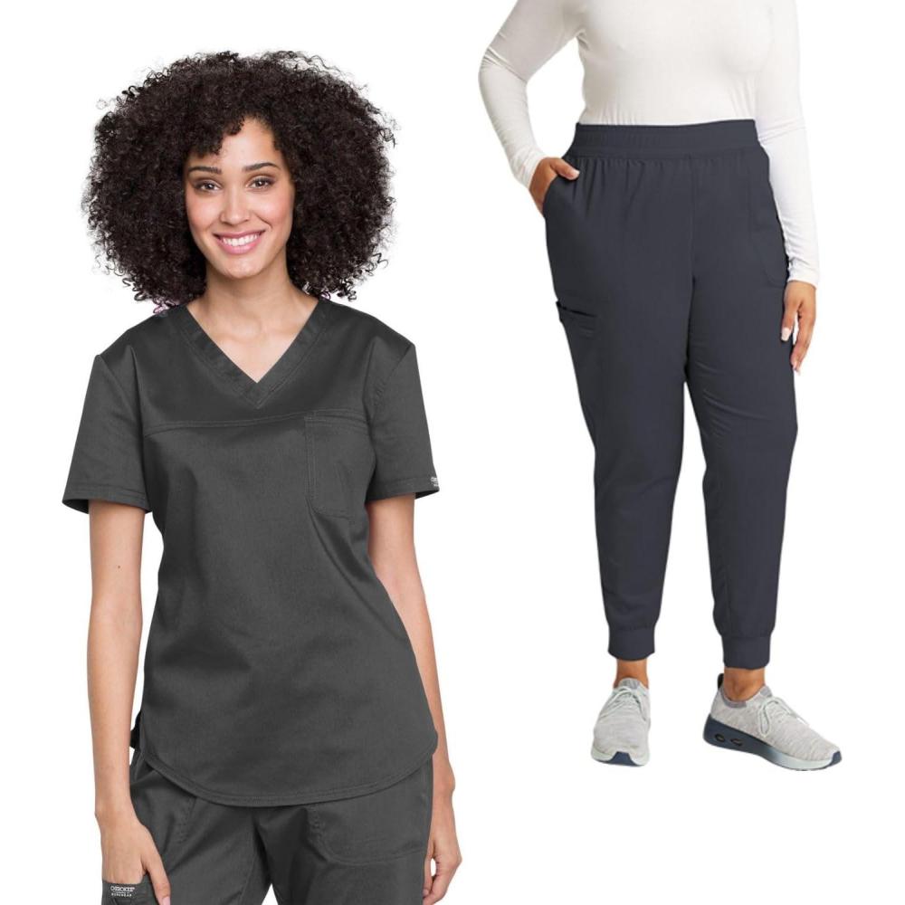 imageCherokee Womens Scrub Set Tuckable VNeck Top WW657 Mid Rise Jogger Pants WW115Pewter
