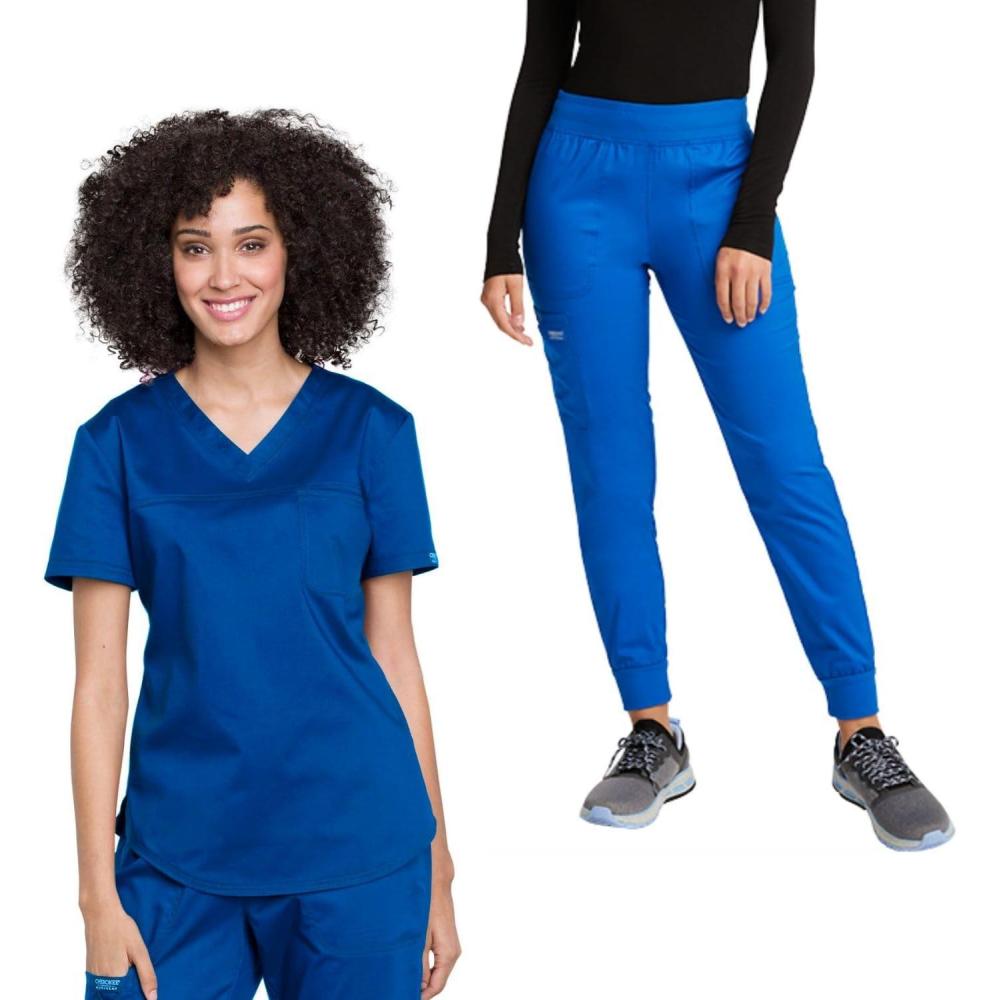 imageCherokee Womens Scrub Set Tuckable VNeck Top WW657 Mid Rise Jogger Pants WW115Royal