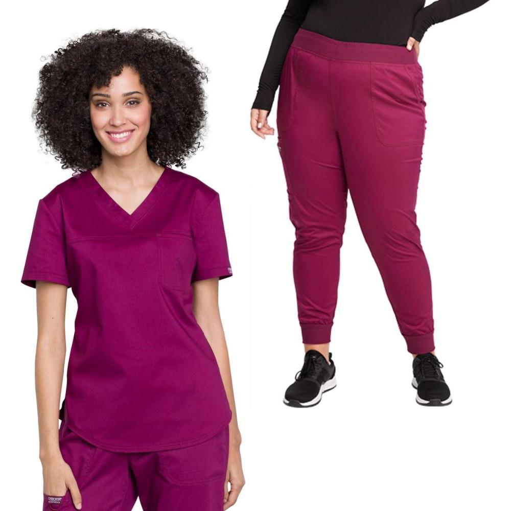 imageCherokee Womens Scrub Set Tuckable VNeck Top WW657 Mid Rise Jogger Pants WW115Wine