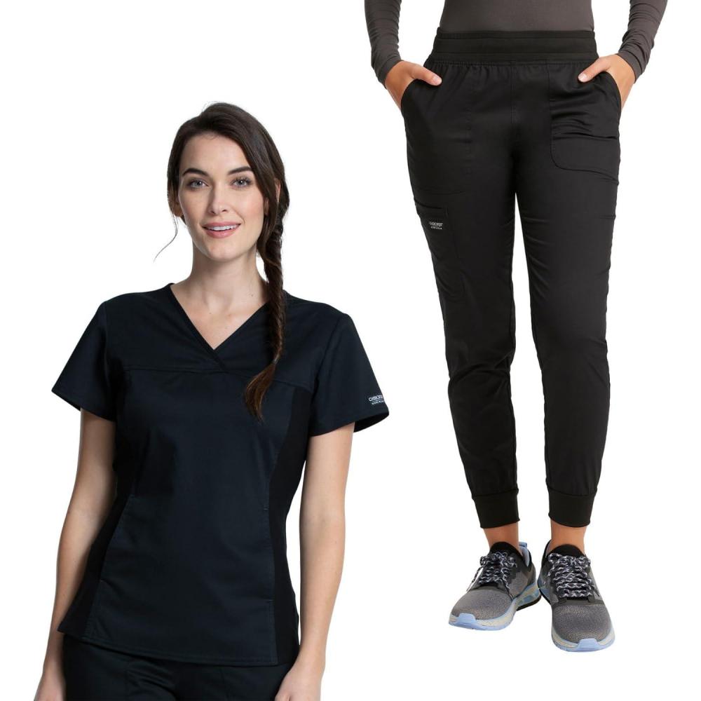 imageCherokee Womens Scrub Top VNeck Knit Panel Top WW2875 with Natural Rise Scrub Jogger Pant with Elasticized Waistband WW115Black