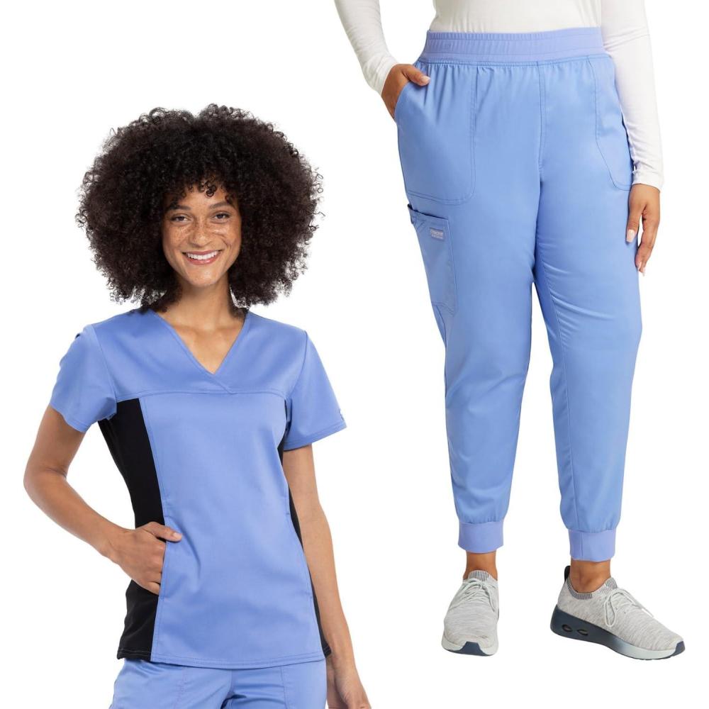 imageCherokee Womens Scrub Top VNeck Knit Panel Top WW2875 with Natural Rise Scrub Jogger Pant with Elasticized Waistband WW115Ciel