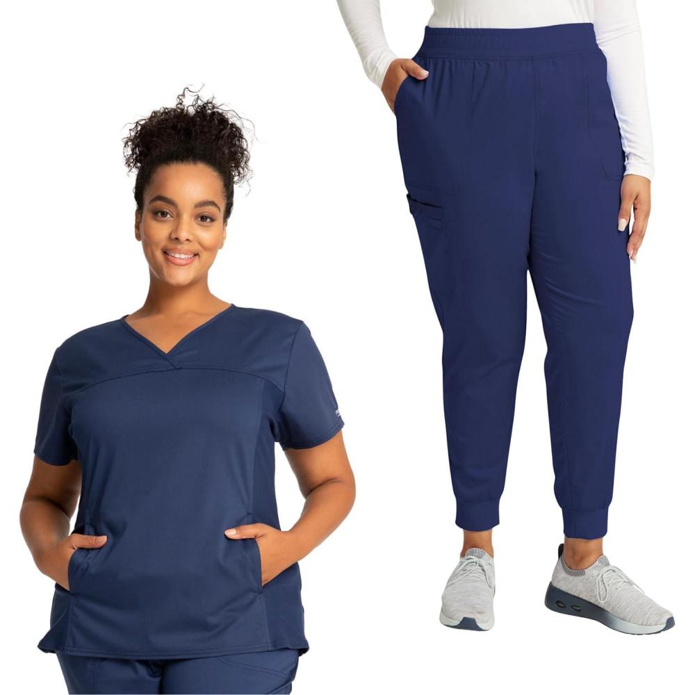 imageCherokee Womens Scrub Top VNeck Knit Panel Top WW2875 with Natural Rise Scrub Jogger Pant with Elasticized Waistband WW115Navy
