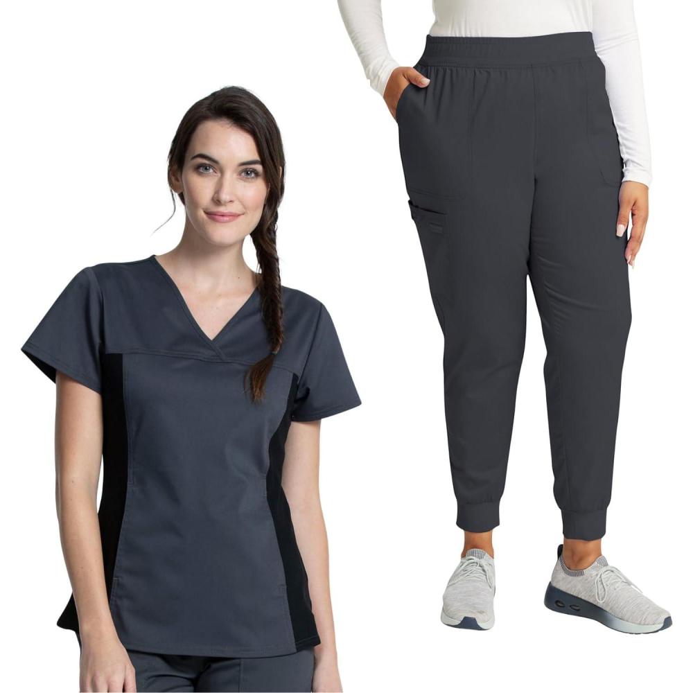 imageCherokee Womens Scrub Top VNeck Knit Panel Top WW2875 with Natural Rise Scrub Jogger Pant with Elasticized Waistband WW115Pewter