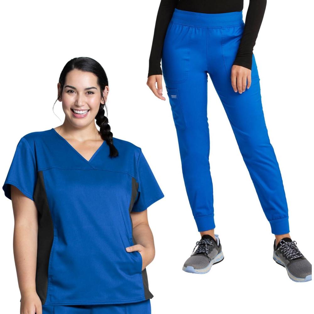 imageCherokee Womens Scrub Top VNeck Knit Panel Top WW2875 with Natural Rise Scrub Jogger Pant with Elasticized Waistband WW115Royal