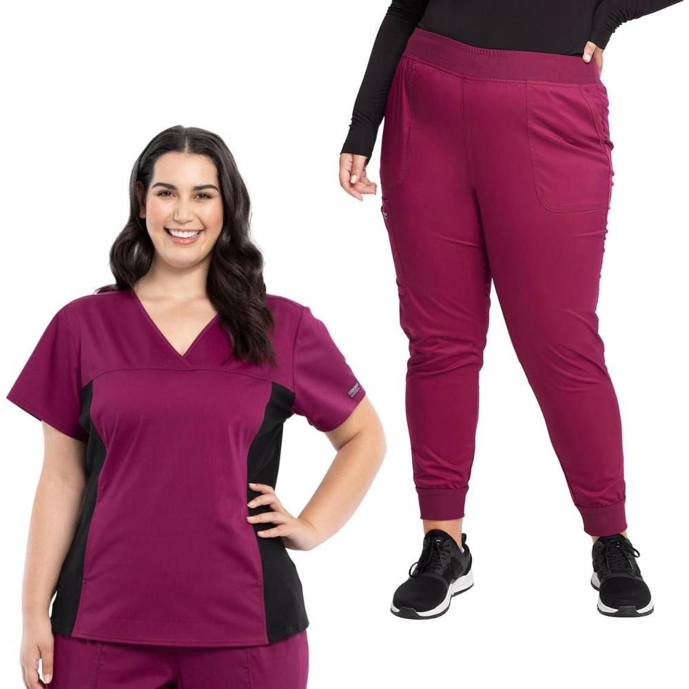 imageCherokee Womens Scrub Top VNeck Knit Panel Top WW2875 with Natural Rise Scrub Jogger Pant with Elasticized Waistband WW115Wine