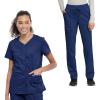 Cherokee Scrub Set For Women V-Neck Top with Snap Front WW622 & Mid Rise Tapered Leg Drawstring Pant WW105(Navy)