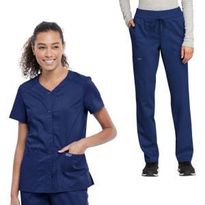 Cherokee Scrub Set For Women V-Neck Top with Snap Front WW622 & Mid Rise Tapered Leg Drawstring Pant WW105(Navy)