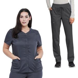 Cherokee Scrub Set For Women V-Neck Top with Snap Front WW622 & Mid Rise Tapered Leg Drawstring Pant WW105(Pewter)