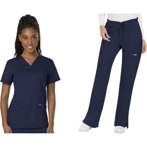Cherokee Scrub Set for Women, V-Neck Top & Drawstring Flare Leg Pant, Soft 2-Way Stretch Easy Care Medical Uniform – CK00041C(Navy)
