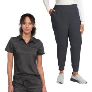 Cherokee Women Scrub Set Tuckable Snap Front Polo Shirt WW698 With Modern Classic fit Mid Rise Waist Scrub Jogger Pant WW115(Pewter)
