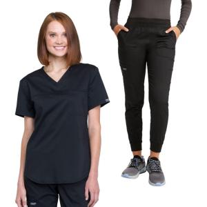 Cherokee Women’s Scrub Set Tuckable V-Neck Top WW657 Mid Rise Jogger Pants WW115(Black)