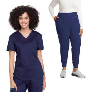 Cherokee Women’s Scrub Set Tuckable V-Neck Top WW657 Mid Rise Jogger Pants WW115(Navy)