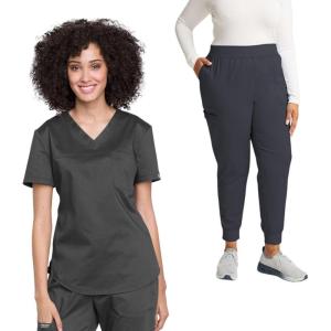 Cherokee Women’s Scrub Set Tuckable V-Neck Top WW657 Mid Rise Jogger Pants WW115(Pewter)
