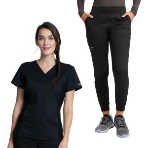 Cherokee Womens Scrub Top, V-Neck Knit Panel Top WW2875 with Natural Rise Scrub Jogger Pant with Elasticized Waistband WW115(Black)