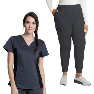 Cherokee Womens Scrub Top, V-Neck Knit Panel Top WW2875 with Natural Rise Scrub Jogger Pant with Elasticized Waistband WW115(Pewter)