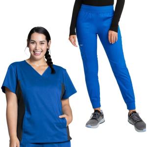 Cherokee Womens Scrub Top, V-Neck Knit Panel Top WW2875 with Natural Rise Scrub Jogger Pant with Elasticized Waistband WW115(Royal)