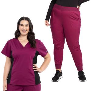 Cherokee Womens Scrub Top, V-Neck Knit Panel Top WW2875 with Natural Rise Scrub Jogger Pant with Elasticized Waistband WW115(Wine)