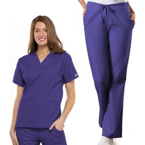 Women Scrubs Set Workwear Originals 4700 V-Neck Top & 4101 Natural Rise Flare Leg Drawstring Pant, Grape- XS Top/XS Pant
