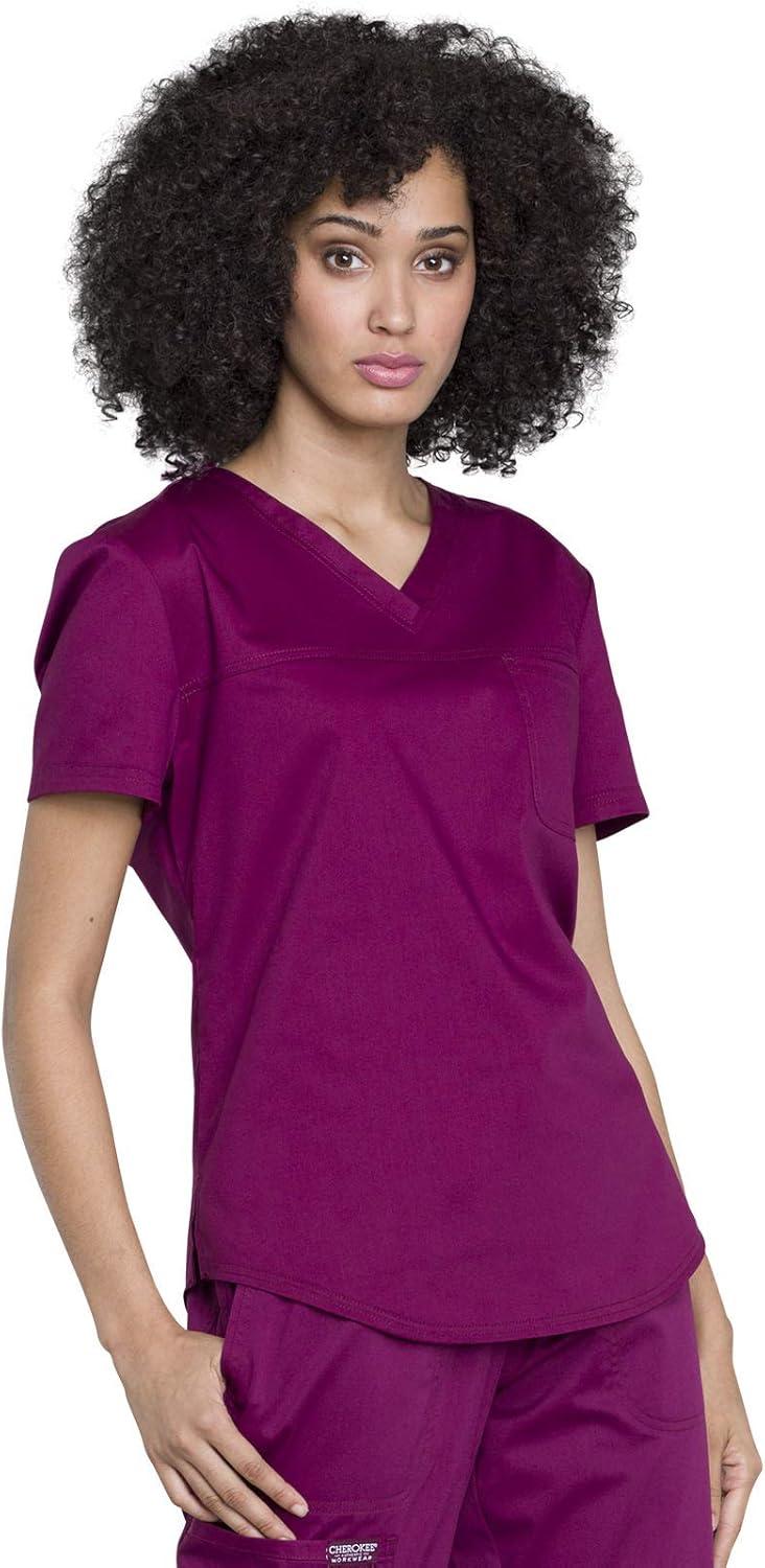 imageCherokee Scrub Set for Women VNeck Tuckable Scrub Top WW657 with Mid Rise Tapered Leg Drawstring Scrub Pant WW105Wine