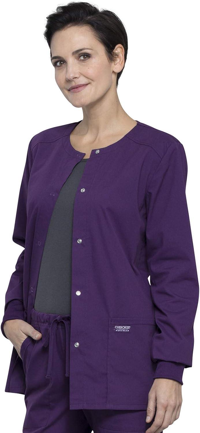 imageCherokee Scrub for Women Snap Front Jacket with 3 Pockets Fade Resistant 2Way Stretch Soft amp Durable Fabric WW340Eggplant