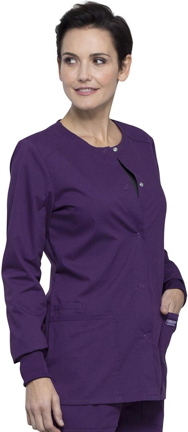 imageCherokee Scrub for Women Snap Front Jacket with 3 Pockets Fade Resistant 2Way Stretch Soft amp Durable Fabric WW340Eggplant