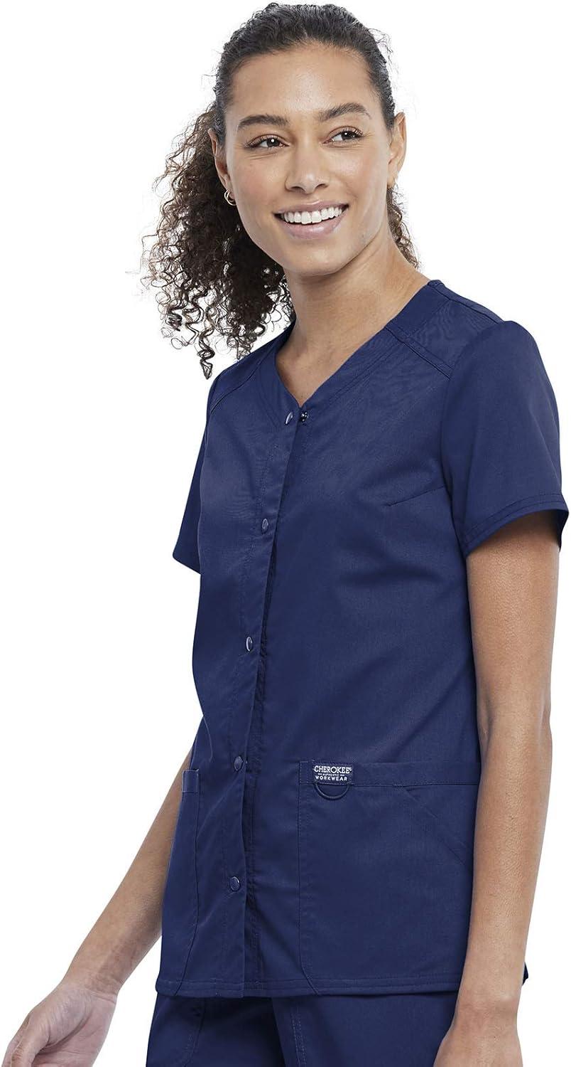 imageCherokee Women Scrub Set Snap Front VNeck Top WW622 with Mid Rise Jogger Elastic Waistband WW115Navy