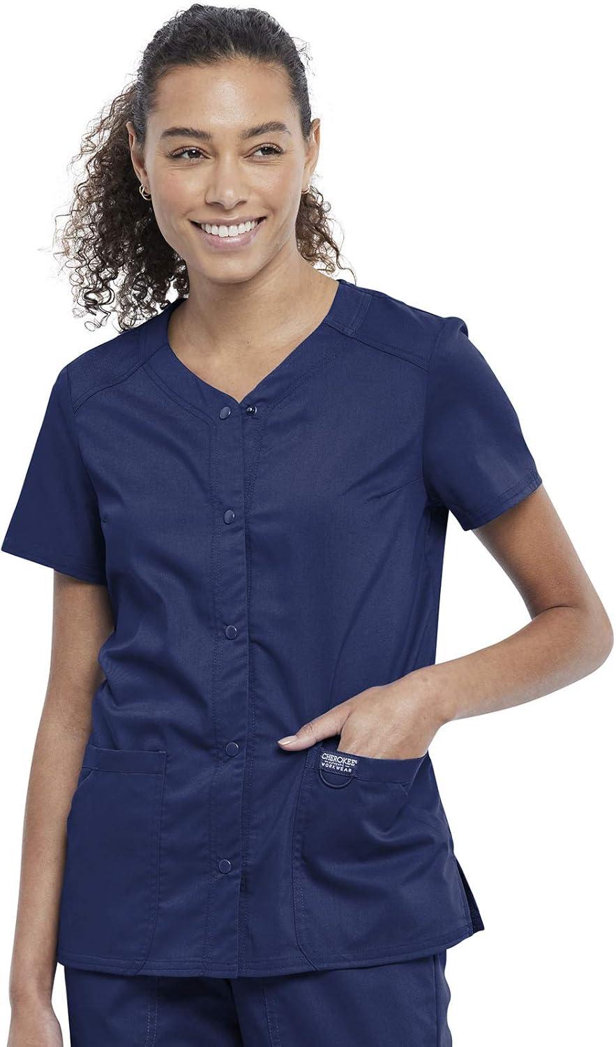 imageCherokee Women Scrub Set Snap Front VNeck Top WW622 with Mid Rise Jogger Elastic Waistband WW115Navy