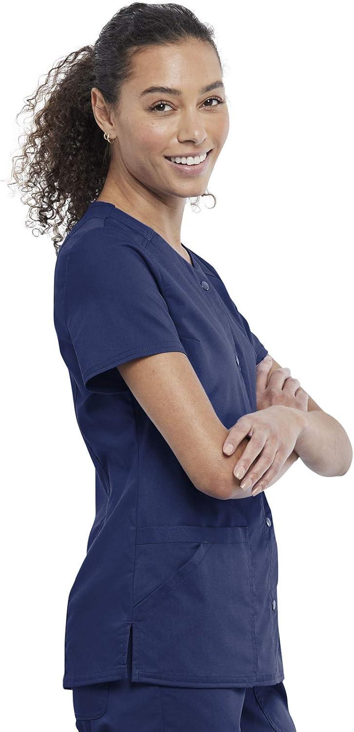 imageCherokee Women Scrub Set Snap Front VNeck Top WW622 with Mid Rise Jogger Elastic Waistband WW115Navy