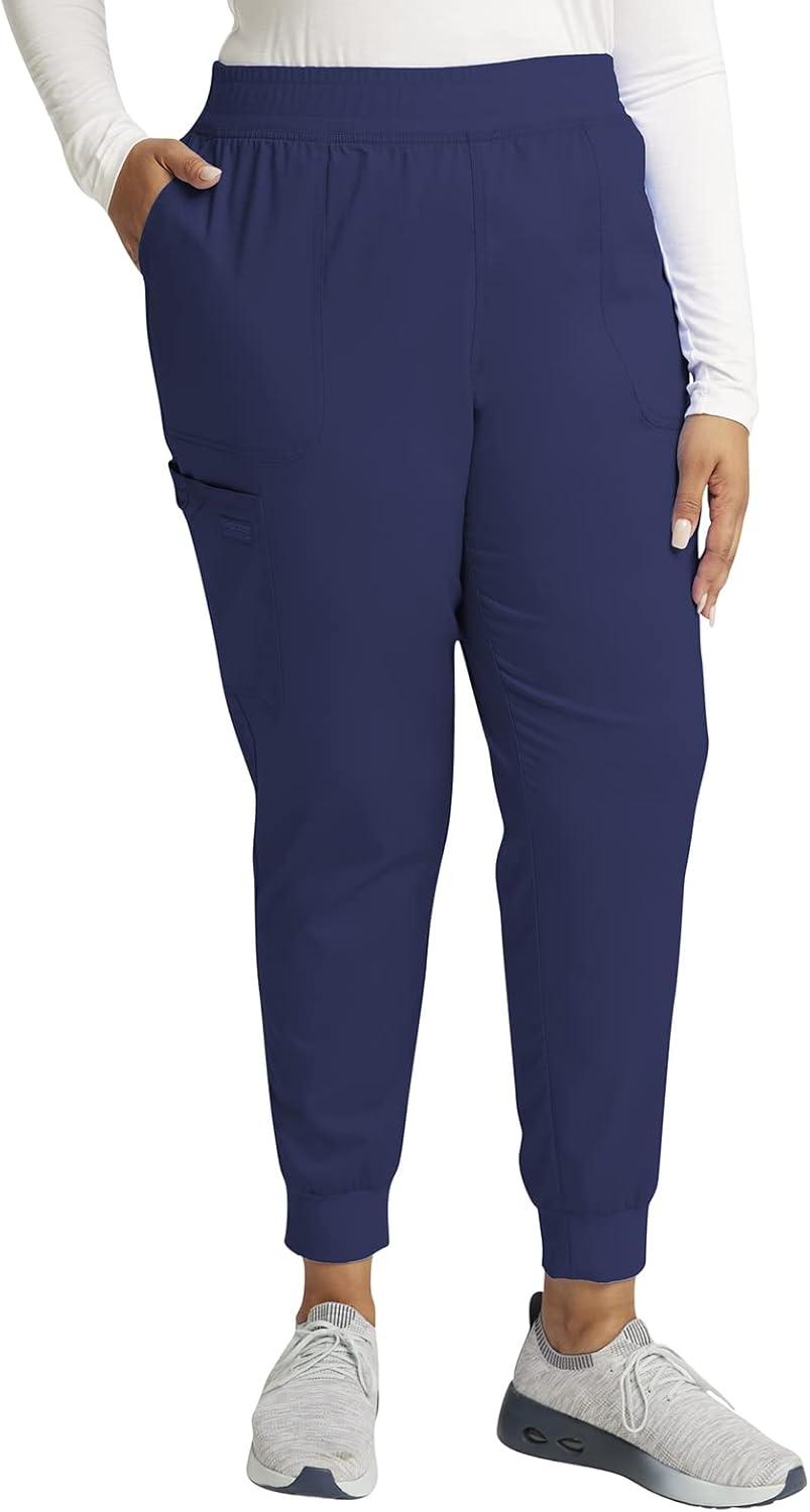 imageCherokee Women Scrub Set Snap Front VNeck Top WW622 with Mid Rise Jogger Elastic Waistband WW115Navy