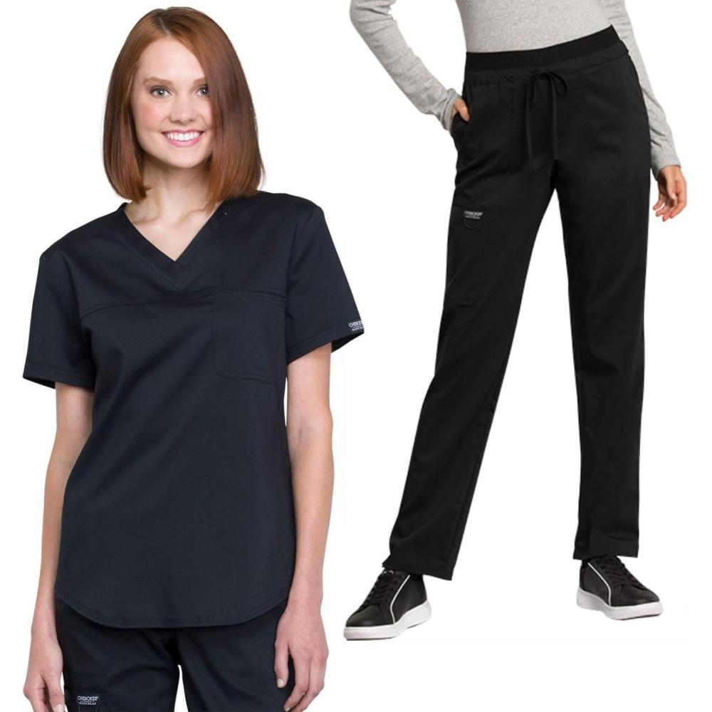 imageCherokee Scrub Set for Women VNeck Tuckable Scrub Top WW657 with Mid Rise Tapered Leg Drawstring Scrub Pant WW105Black