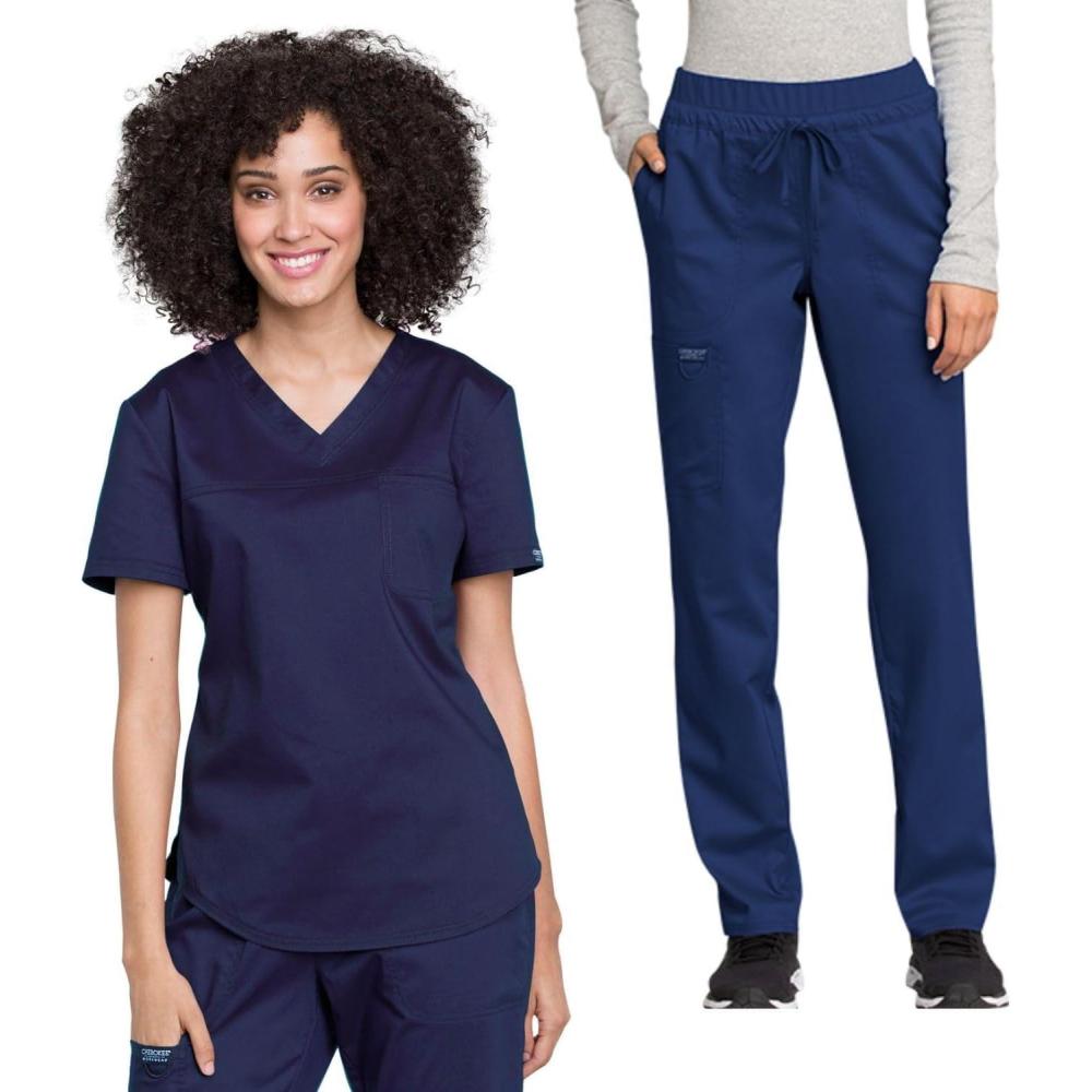 imageCherokee Scrub Set for Women VNeck Tuckable Scrub Top WW657 with Mid Rise Tapered Leg Drawstring Scrub Pant WW105Navy