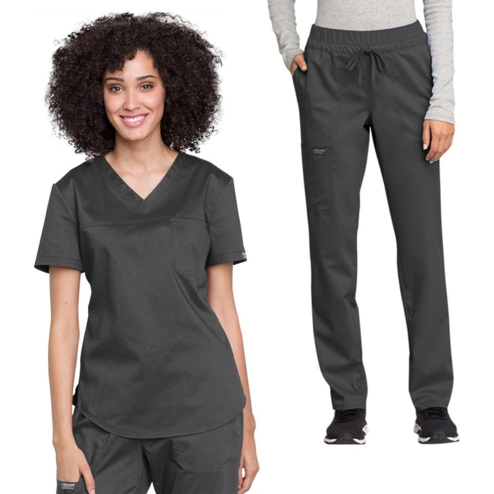 imageCherokee Scrub Set for Women VNeck Tuckable Scrub Top WW657 with Mid Rise Tapered Leg Drawstring Scrub Pant WW105Pewter