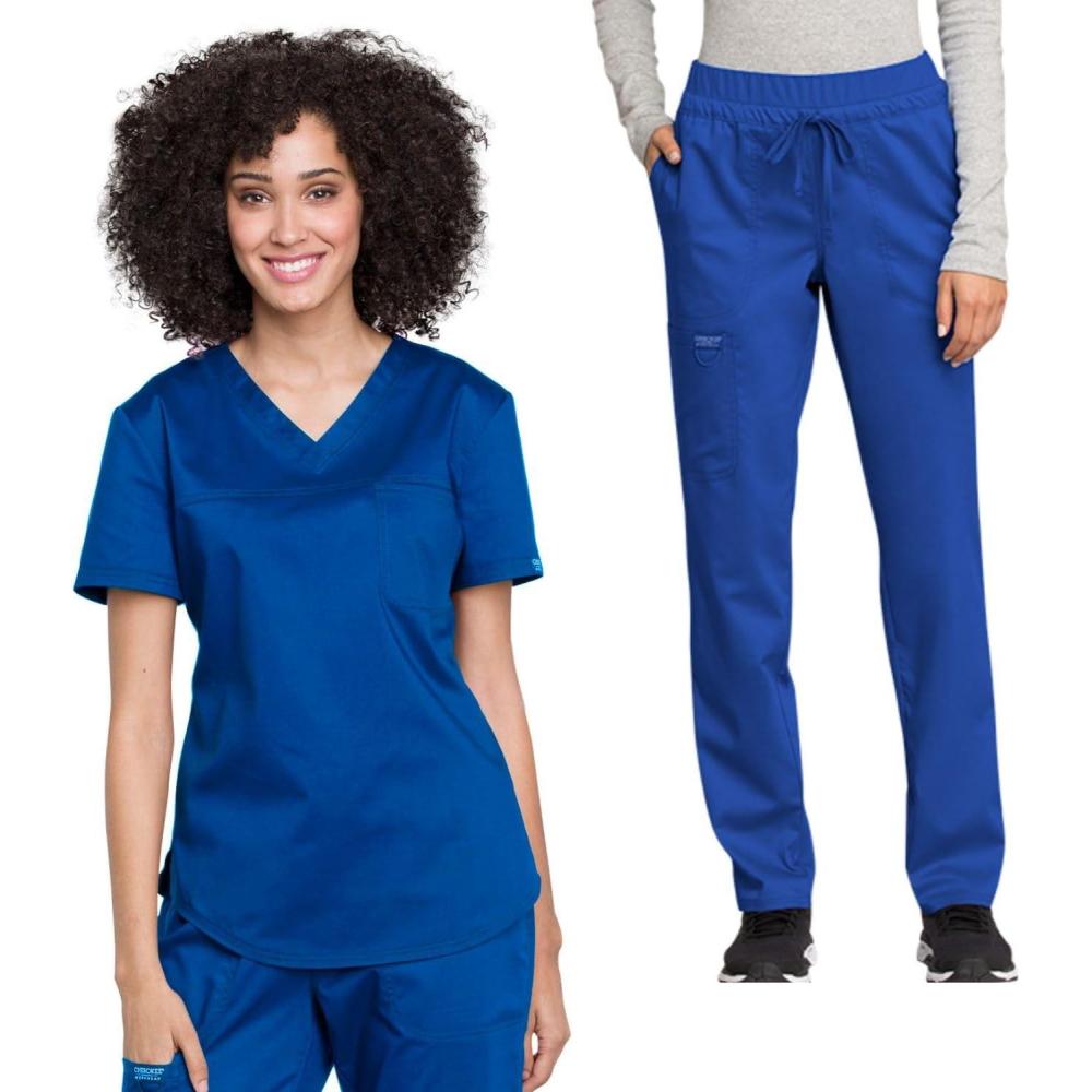 imageCherokee Scrub Set for Women VNeck Tuckable Scrub Top WW657 with Mid Rise Tapered Leg Drawstring Scrub Pant WW105Royal
