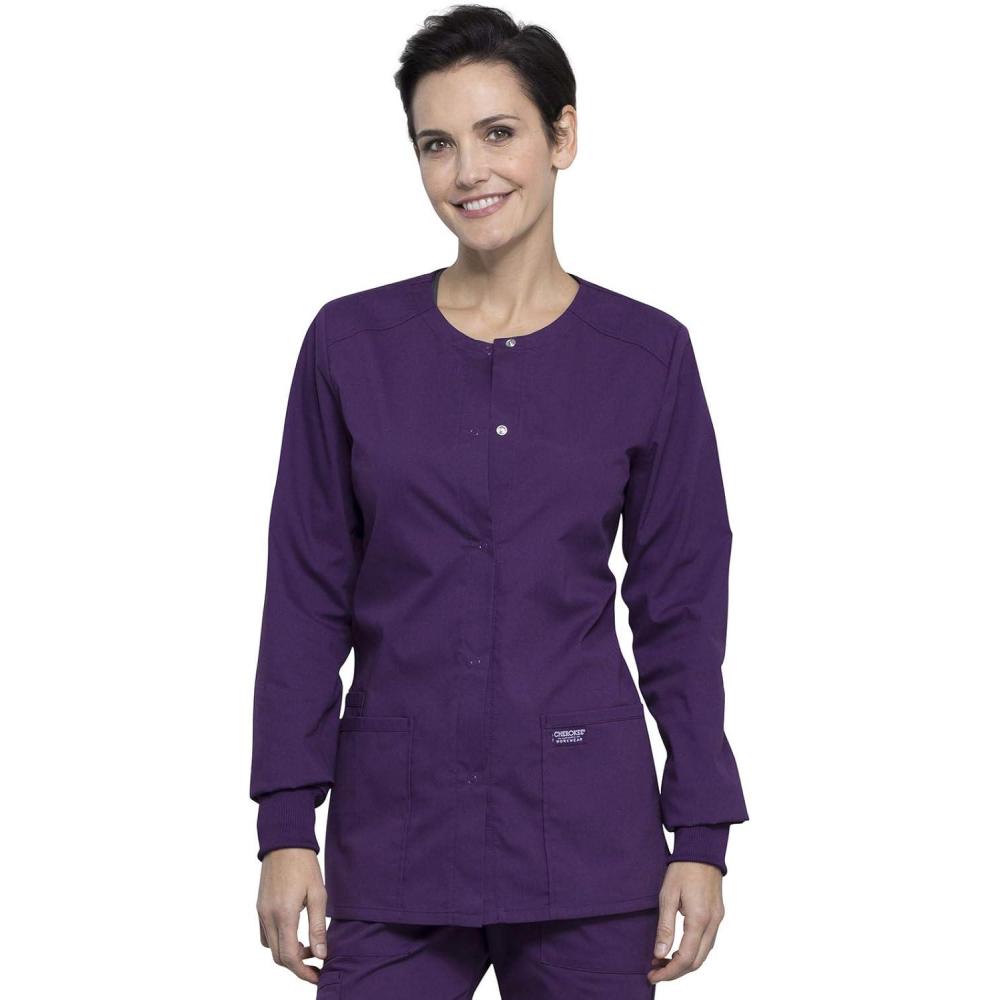 imageCherokee Scrub for Women Snap Front Jacket with 3 Pockets Fade Resistant 2Way Stretch Soft amp Durable Fabric WW340Eggplant