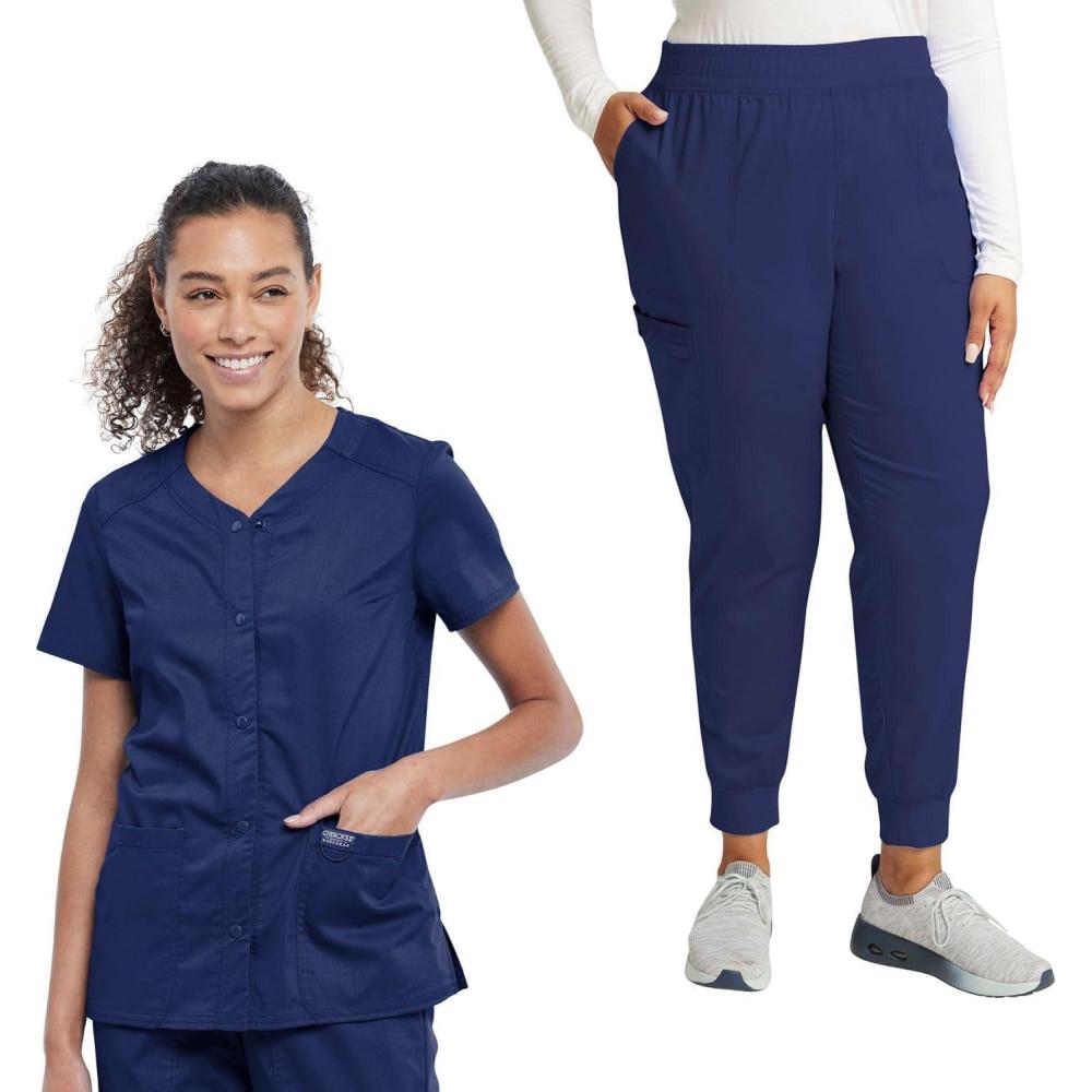 imageCherokee Women Scrub Set Snap Front VNeck Top WW622 with Mid Rise Jogger Elastic Waistband WW115Navy