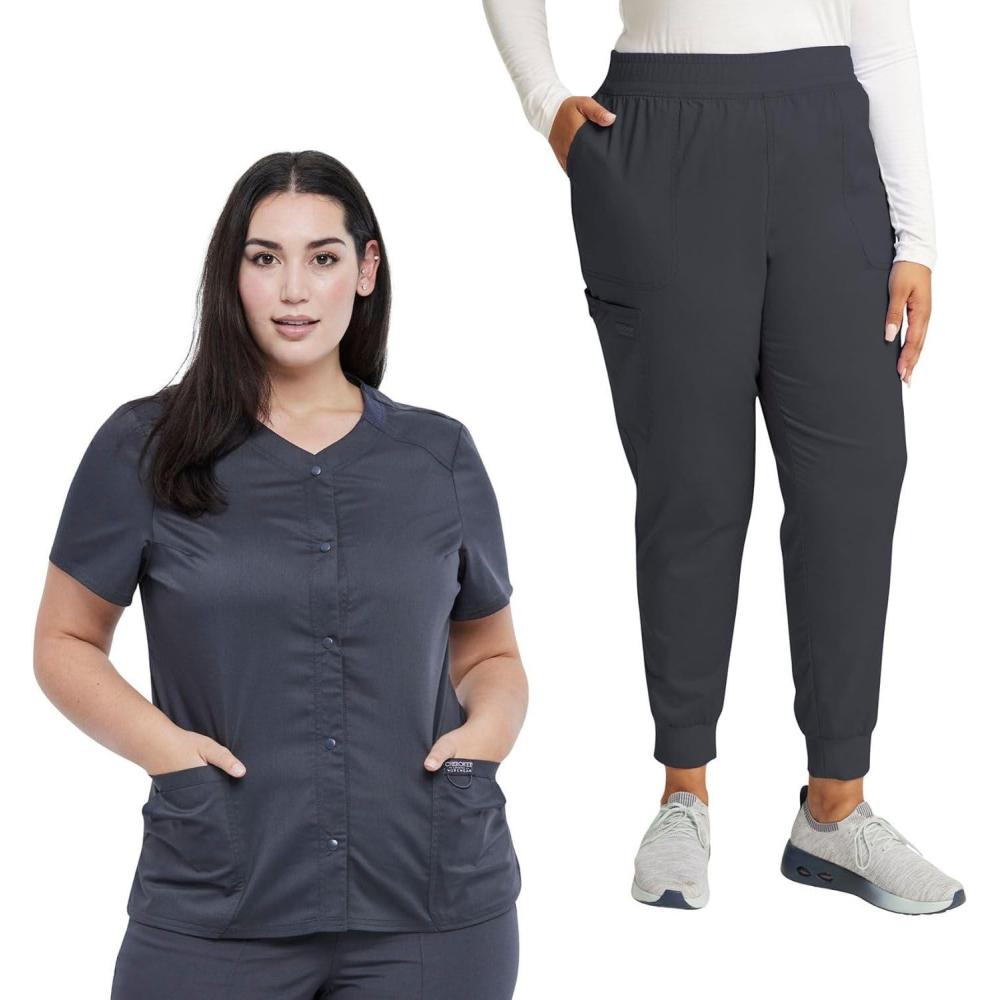 imageCherokee Women Scrub Set Snap Front VNeck Top WW622 with Mid Rise Jogger Elastic Waistband WW115Pewter