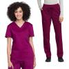 Cherokee Scrub Set for Women V-Neck Tuckable Scrub Top WW657 with Mid Rise Tapered Leg Drawstring Scrub Pant WW105(Wine)