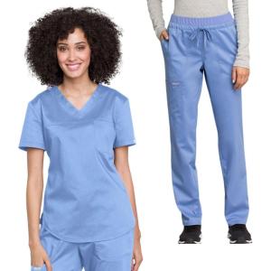 Cherokee Scrub Set for Women V-Neck Tuckable Scrub Top WW657 with Mid Rise Tapered Leg Drawstring Scrub Pant WW105(Ciel)