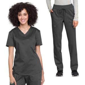 Cherokee Scrub Set for Women V-Neck Tuckable Scrub Top WW657 with Mid Rise Tapered Leg Drawstring Scrub Pant WW105(Pewter)