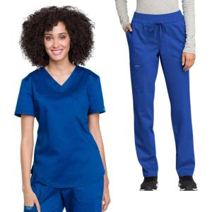 Cherokee Scrub Set for Women V-Neck Tuckable Scrub Top WW657 with Mid Rise Tapered Leg Drawstring Scrub Pant WW105(Royal)
