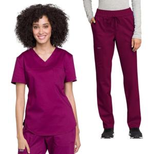 Cherokee Scrub Set for Women V-Neck Tuckable Scrub Top WW657 with Mid Rise Tapered Leg Drawstring Scrub Pant WW105(Wine)