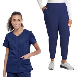 Cherokee Women Scrub Set Snap Front V-Neck Top WW622 with Mid Rise Jogger Elastic Waistband WW115(Navy)