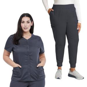 Cherokee Women Scrub Set Snap Front V-Neck Top WW622 with Mid Rise Jogger Elastic Waistband WW115(Pewter)