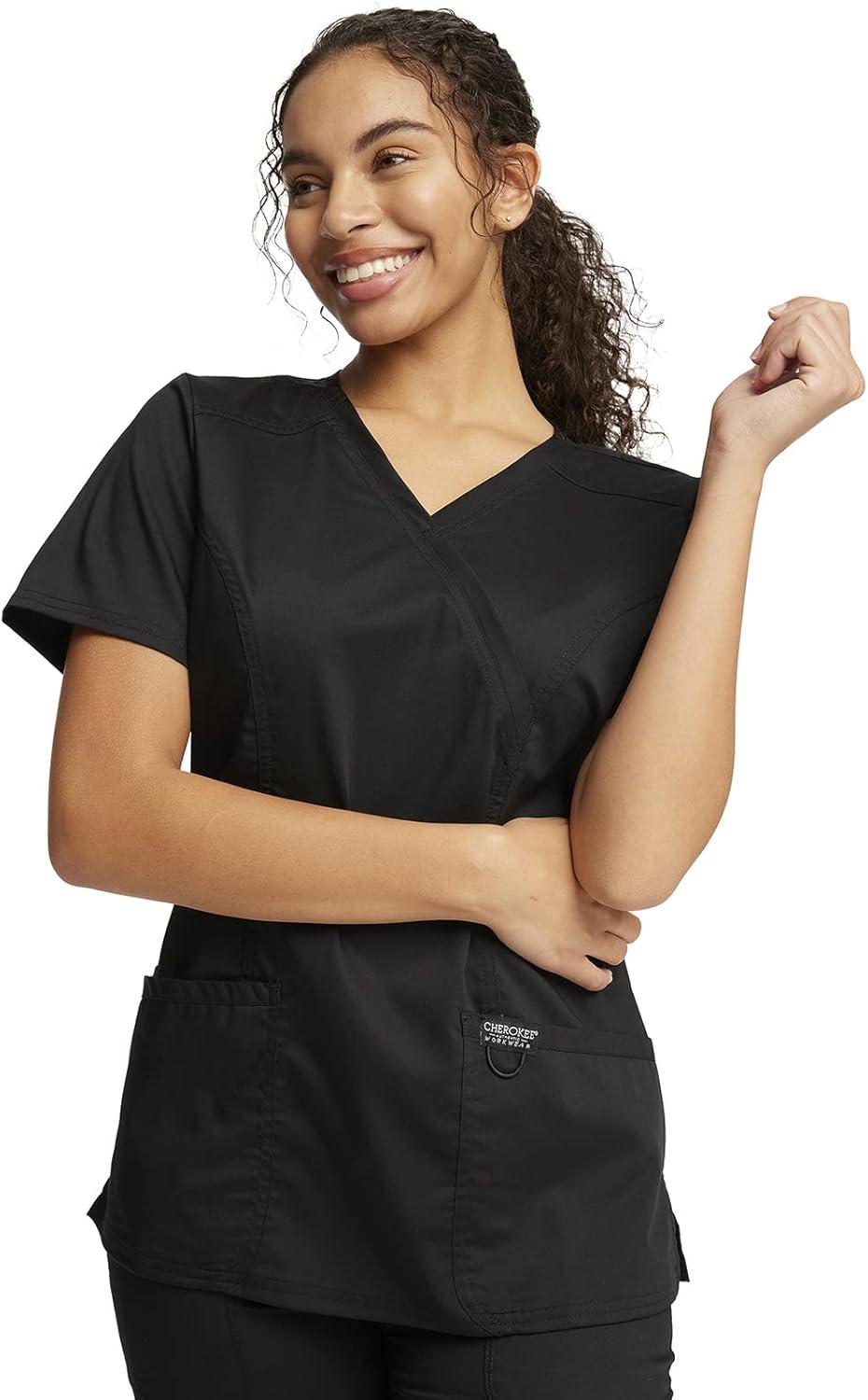 imageCherokee Scrub Set For Women Modern Classic Fit Mock Wrap Top WW610 With Mid Rise Straight Leg Pant WW110Black