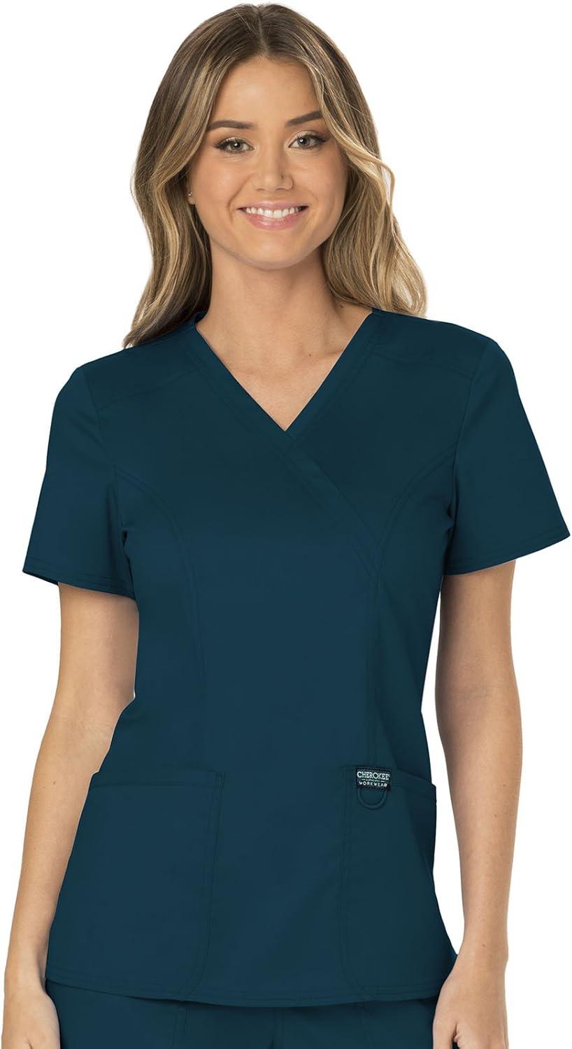 imageCherokee Scrub Set For Women Modern Classic Fit Mock Wrap Top WW610 With Mid Rise Straight Leg Pant WW110Caribbean Blue